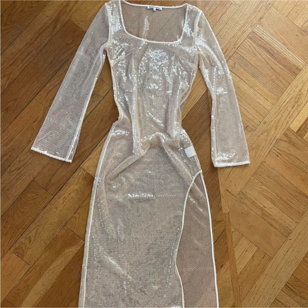 Reformation Cream Sheer Sequin dress.